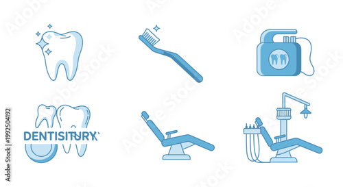 Minimalist blue dental icons for oral hygiene and dentistry