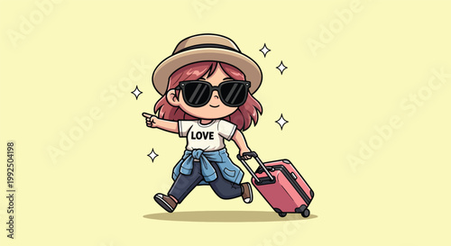 Cute Cartoon Girl Traveling with Suitcase.