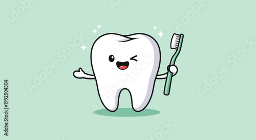 Cute cartoon tooth character holding a green toothbrush and winking.