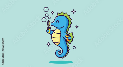 Cute cartoon seahorse blowing bubbles illustration.