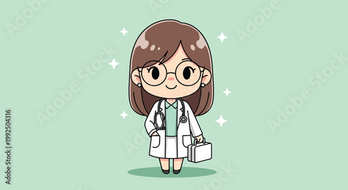 Cute Chibi Female Doctor Illustration with Stethoscope and Medical Case.