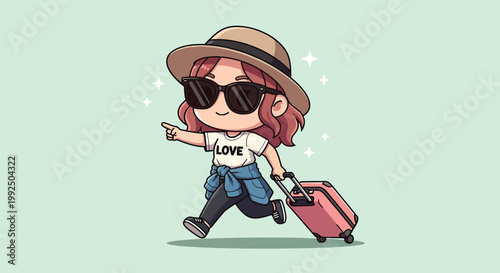 Cute Chibi Girl with Suitcase and Sunglasses Ready for Travel.
