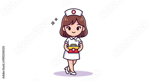 Cute Chibi Nurse Character Holding Medical First Aid Kit.