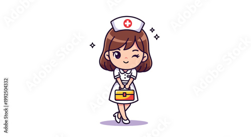 Cute Chibi Nurse Character Holding First Aid Kit Vector Illustration.