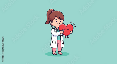 Cute Doctor Character Examining a Healthy Heart with Stethoscope.