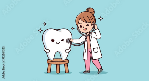 Cute Female Dentist Examining Large Healthy Tooth with Stethoscope Cartoon Illustration.