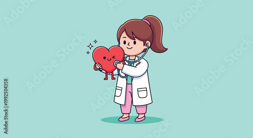 Cute Female Doctor Checking Heart with Stethoscope Cartoon Illustration.
