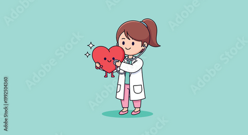 Cute female doctor checking heart character with stethoscope illustration.
