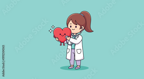 Cute female doctor examining a cartoon heart with a stethoscope for medical checkup illustration.