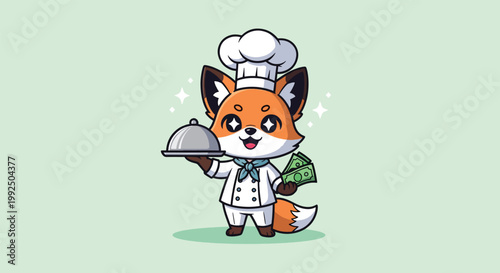 Cute Fox Chef Holding Food Tray and Money.