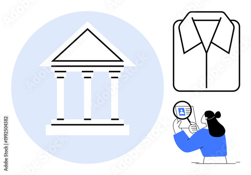 Government building. Government-related symbols including a minimalist building, shirt icon for clothing ation, and person analyzing data. Government, apparel, and data for education, fashion
