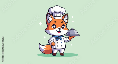 Cute Fox Chef Holding a Silver Cloche Serving Dish.