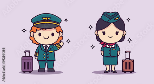 Cute Kawaii Pilot and Flight Attendant Vector Illustration with Suitcases.