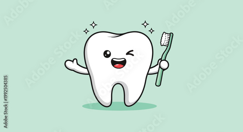 Cute happy cartoon tooth character holding a toothbrush and winking.