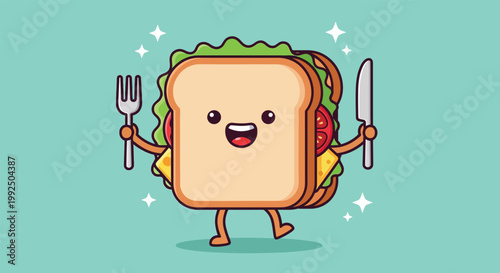 Cute Kawaii Sandwich Character Holding Fork and Knife Cartoon Illustration.