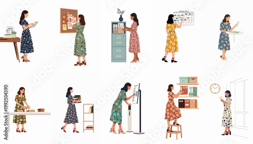 Collection of flat vector illustrations featuring professional women in floral dresses performing various office tasks, organization, and administrative duties.
