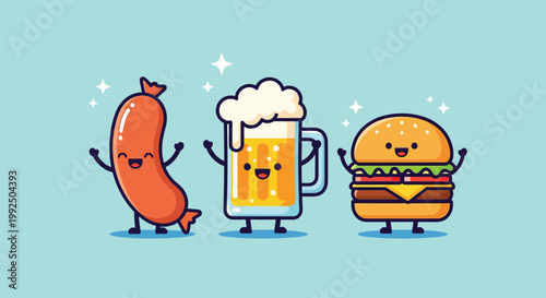 Cute Kawaii Sausage Beer and Burger Cartoon Characters Celebrating.
