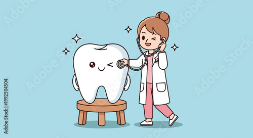 Female Dentist Examining Cute Healthy Tooth Character with Stethoscope.
