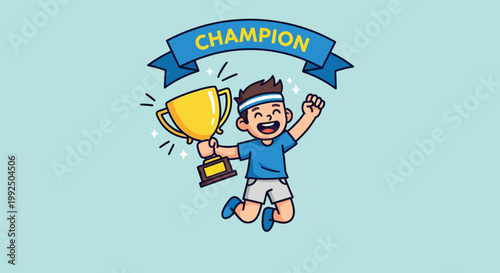 Excited Boy Jumps for Joy Holding Golden Champion Trophy.