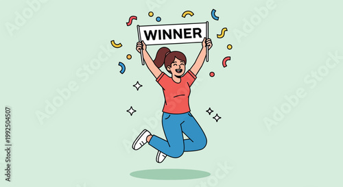 Excited Young Woman Jumping for Joy Holding a Winner Sign Illustration.