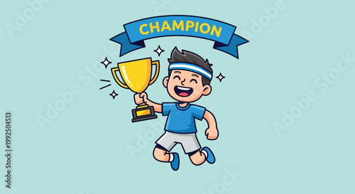 Happy Cartoon Boy Champion Celebrating Victory with Gold Trophy Cup.