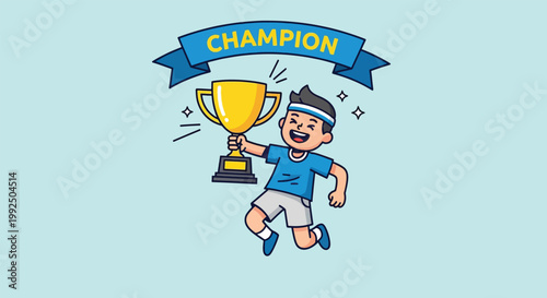 Happy boy athlete celebrating victory holding a golden trophy cup with champion banner.