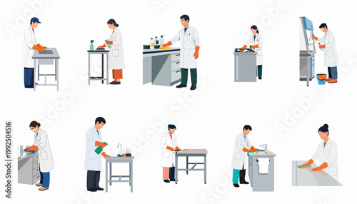 Flat Illustration Set of Scientists and Lab Technicians Cleaning and Disinfecting Laboratory Surfaces, Equipment, and Benches for Safety and Hygiene.