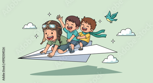 Happy children flying on a giant paper airplane illustration.