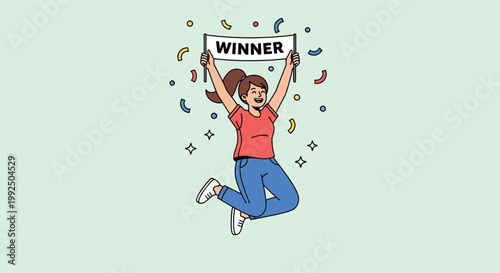 Happy girl jumping and holding a winner banner celebrating success.