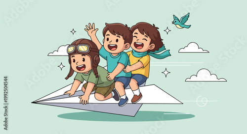 Happy Children Flying on a Giant Paper Airplane Illustration representing Childhood Imagination.
