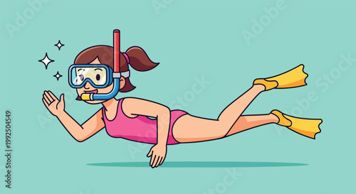 Happy girl snorkeling underwater in a pink swimsuit.