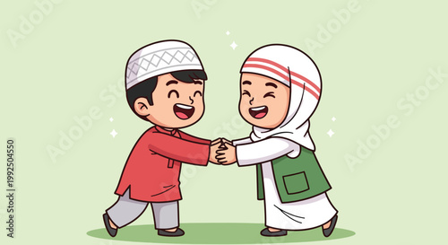 Happy Muslim Boy and Girl Holding Hands in Traditional Islamic Clothing Cartoon Illustration.