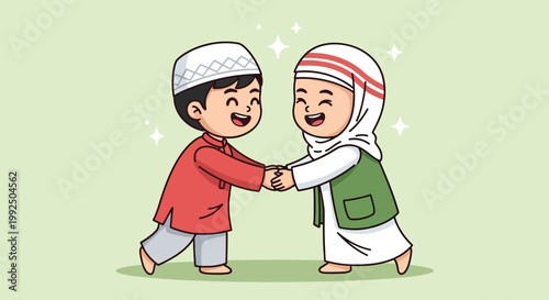 Happy Muslim children boy and girl shaking hands for Eid celebration illustration.