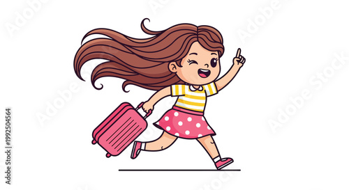 Happy Girl Running with Suitcase on Vacation.