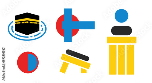 Minimalist flat icons for Hajj and Umrah pilgrimage rituals