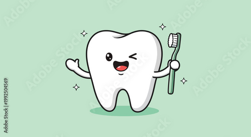 Happy Tooth Character Winking and Holding a Toothbrush.