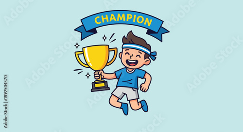 Happy Young Boy Jumping with Joy Holding a Gold Trophy Cup with Champion Banner Above.