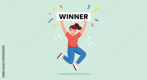 Happy young woman jumping for joy holding a winner sign with colorful confetti around her.