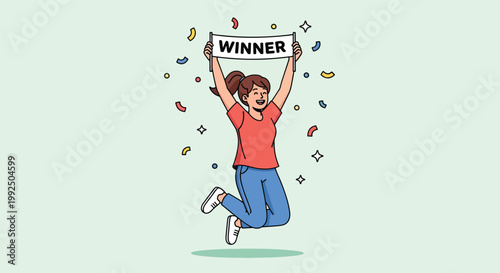 Happy woman jumping with winner sign celebrating success.