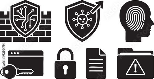 Cyber Security Icon Set with Firewall, Antivirus, Biometrics and Data Protection