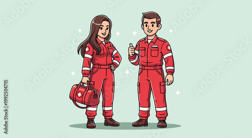 Paramedic couple in red uniform with medical bag.