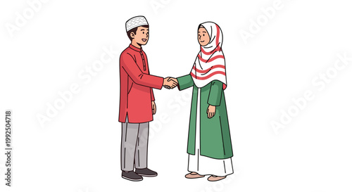 Muslim Man and Woman Shaking Hands in Traditional Attire.