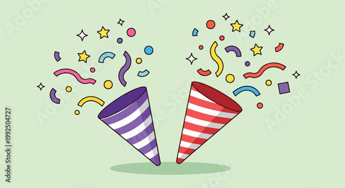 Party Poppers Exploding with Confetti and Stars.