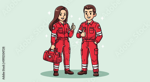 Paramedics in red uniform with first aid kit and thumbs up.