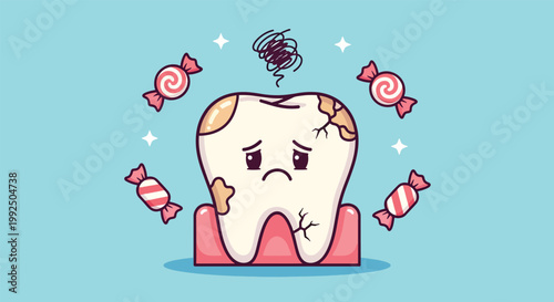 Sad Cartoon Tooth Suffering from Cavities and Candy.