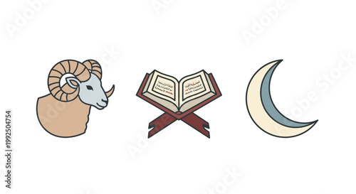 Minimalist ram Quran and crescent moon icons for Eid festival