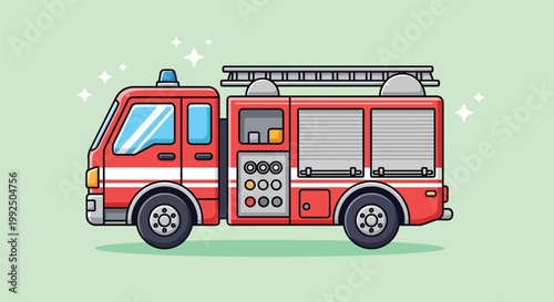Red Fire Truck Cartoon Illustration with Ladder and Siren.