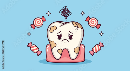 Sad Cartoon Tooth with Cavities and Decay Surrounded by Sweets.