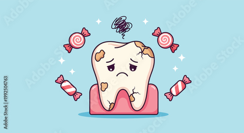 Sad Tooth with Cavities Surrounded by Candies.