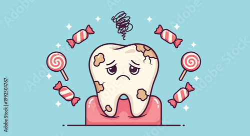 Sad Decayed Tooth Cartoon Illustration with Candies and Lollipops for Dental Health Awareness.
